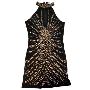 Paradiso Black and Gold Embellished Mini Dress Halter Neck